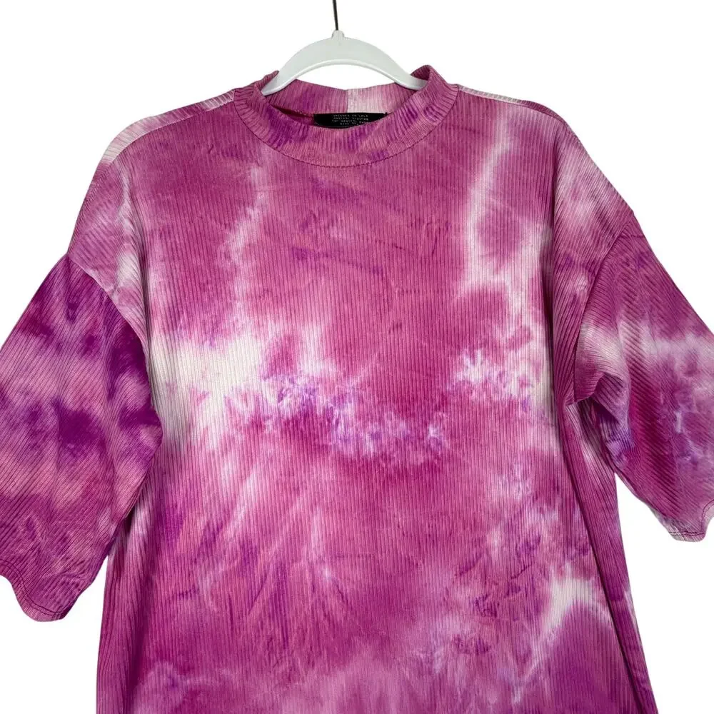 Dressed in Lala Ribbed Ozzy T-Shirt Maxi Dress Women Size S Pink Skies Tie Dye